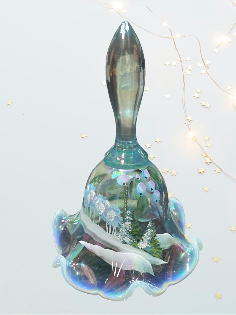 Fenton Opalescent Iridescent Winter Landscape & Berries Hand Painted Bell